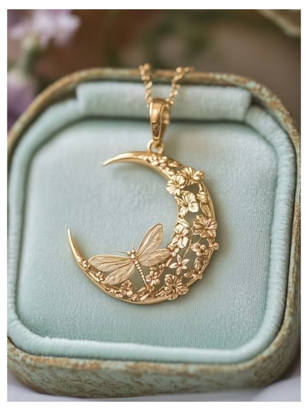 NWT 18K Gold Plated Moon Dragonfly Floral Pendant Necklace Bohemian Celestial - Picture 4 of 4